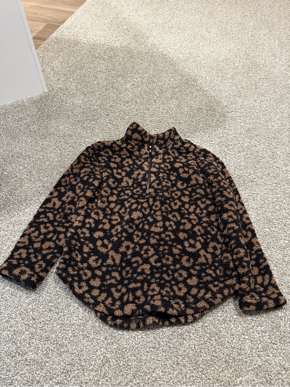 Leopard Print Fleece Pullover Jacket - Brown/Black